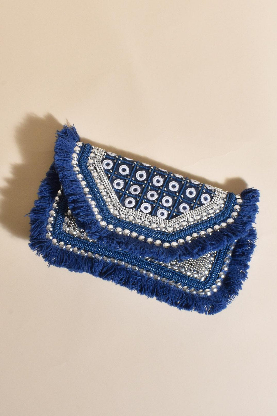 Boho Fringed Flap Over Clutch Blue/Silver